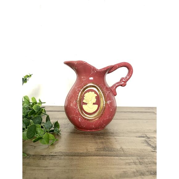 Vintage Pink Cameo Pitcher Vase with Marbled Glaze Cottage Glam Victorian - Picture 1 of 10